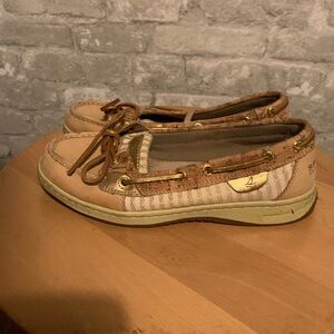 Gold and tan Sperry Top Slider size 7